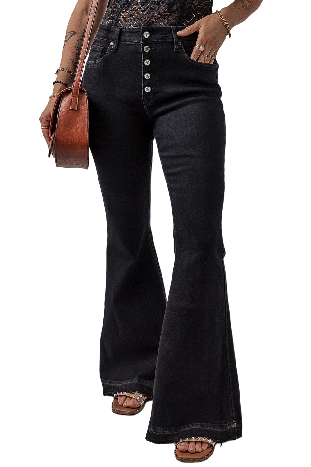 Mid-Rise Button Fly Black Flared Jeans