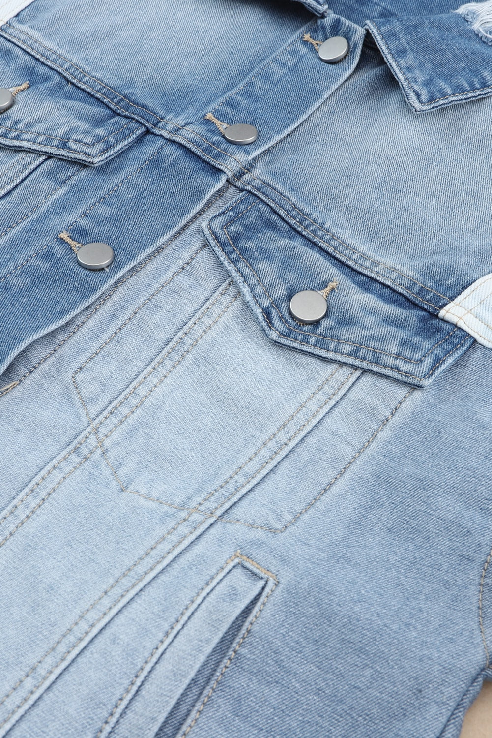 Blue Color Block Denim Patchwork Frayed Hem Jacket