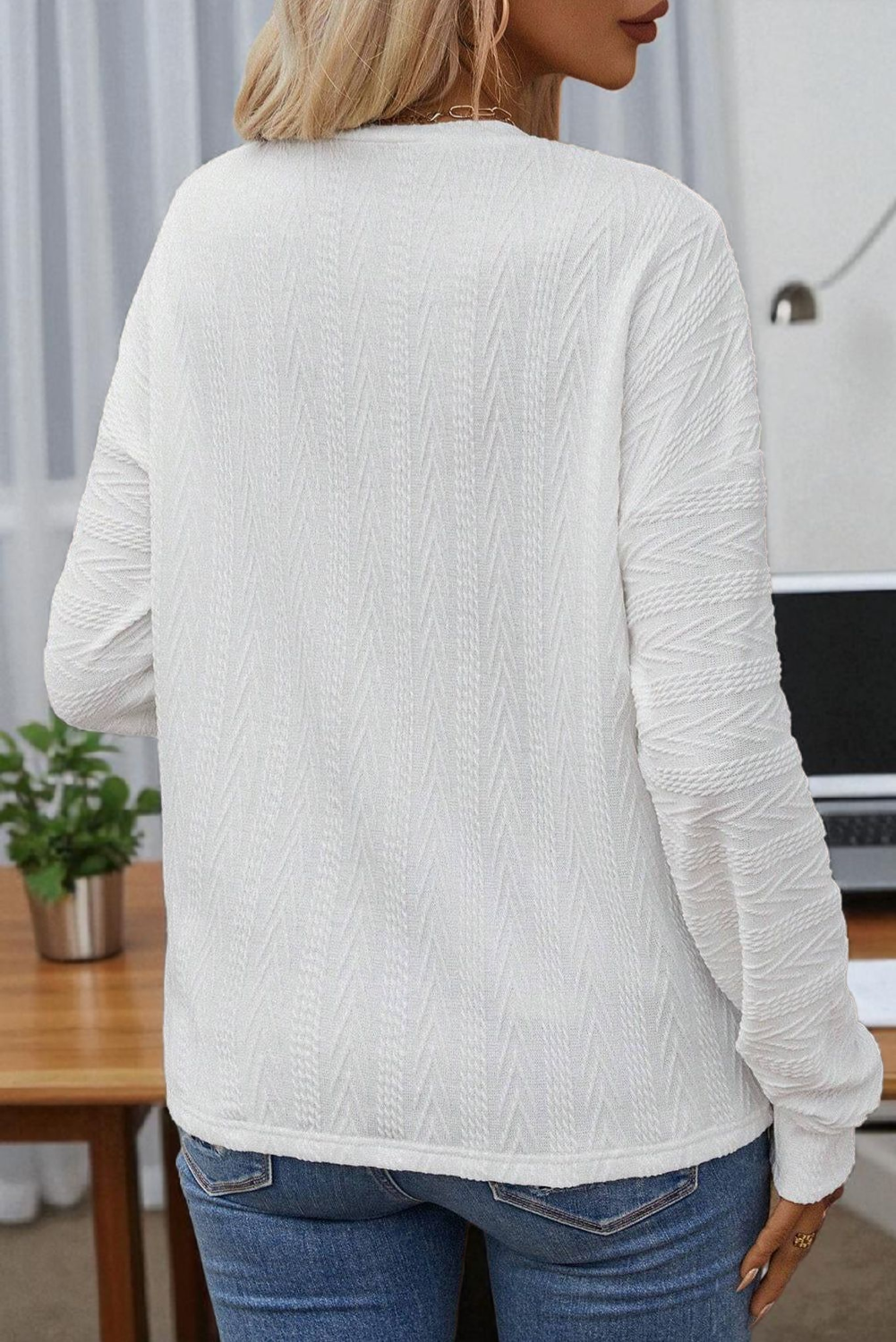 Long Sleeve Pointelle Knit White Sweater