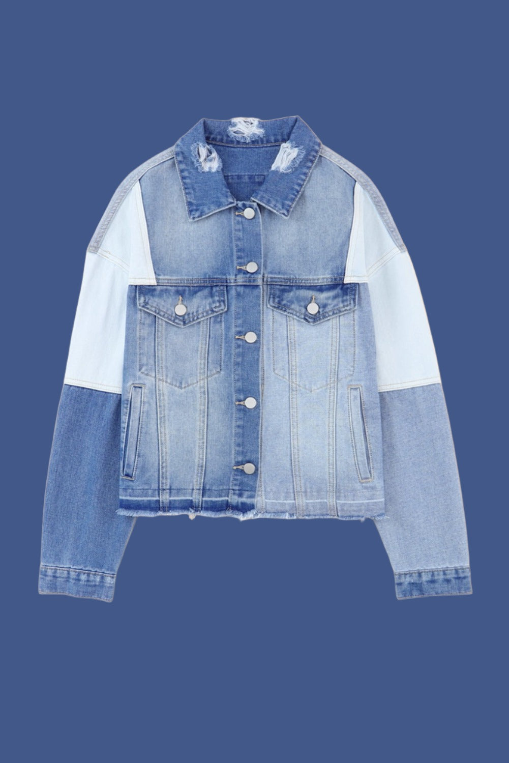 Blue Color Block Denim Patchwork Frayed Hem Jacket