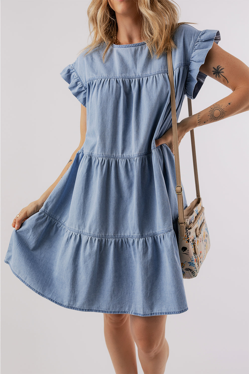 Cap Sleeve Chambray Denim Mini Dress