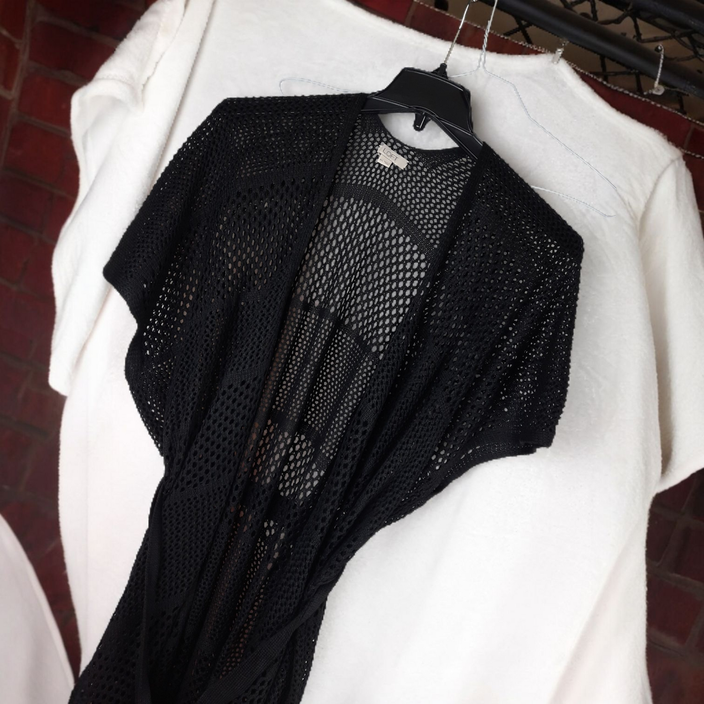 Ann Taylor Loft Black Crochet Swimsuit Cover-up Kimono Open Cardigan