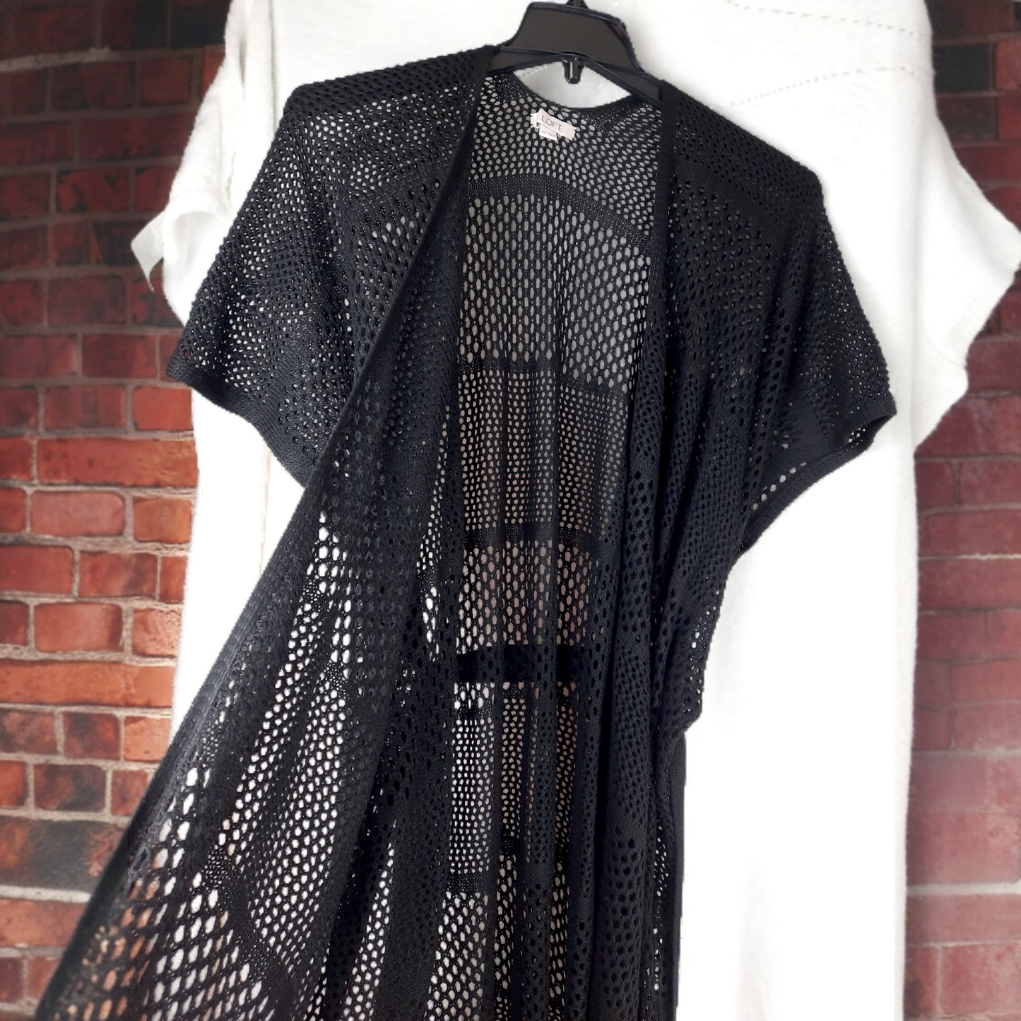 Ann Taylor Loft Black Crochet Swimsuit Cover-up Kimono Open Cardigan