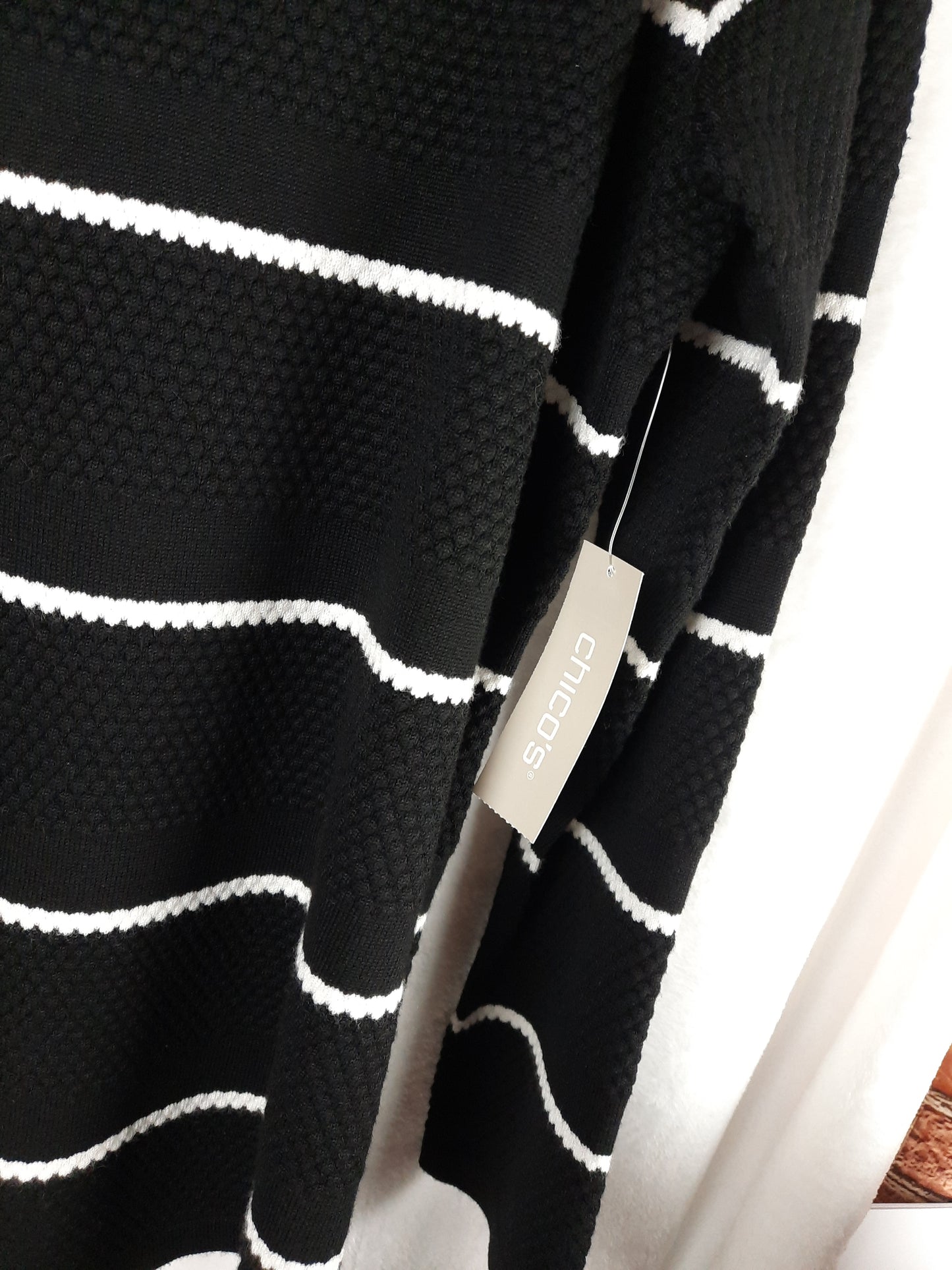 Chico's Black and White Striped Thermal Waffle Knit Sweater