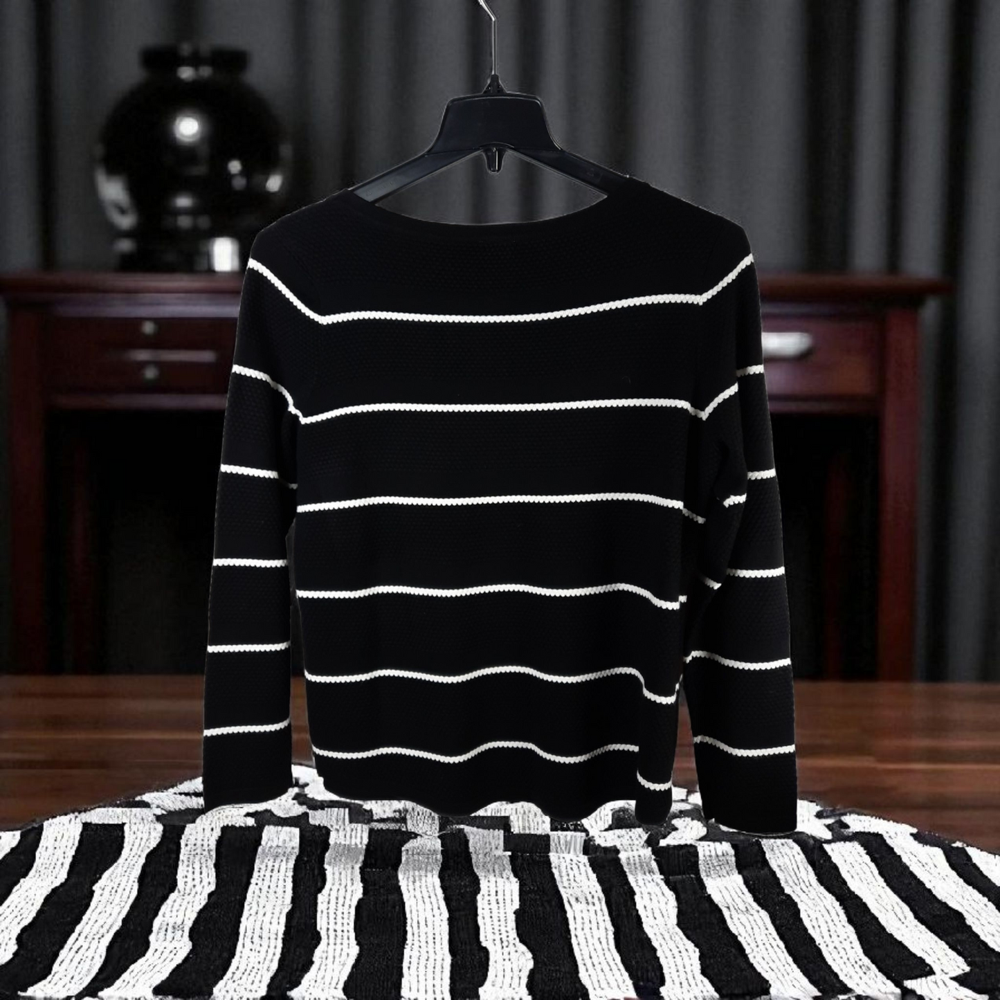 Chico's Black and White Striped Thermal Waffle Knit Sweater