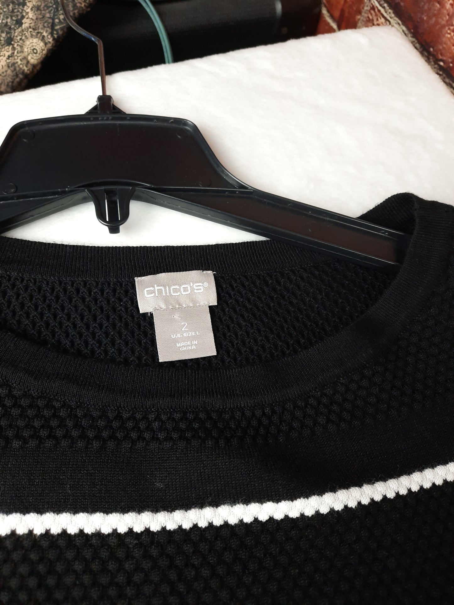 Chico's Black and White Striped Thermal Waffle Knit Sweater