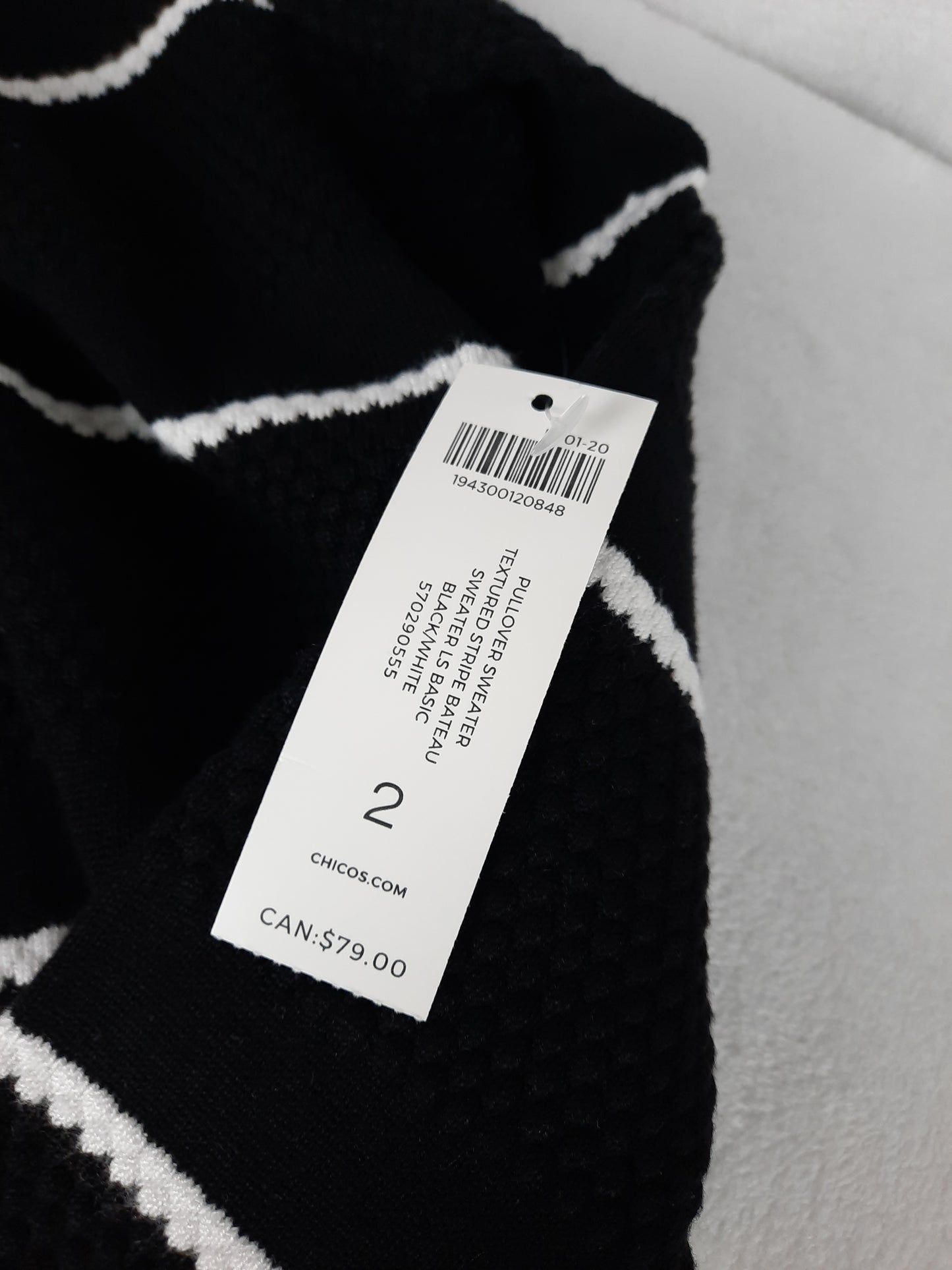 Chico's Black and White Striped Thermal Waffle Knit Sweater
