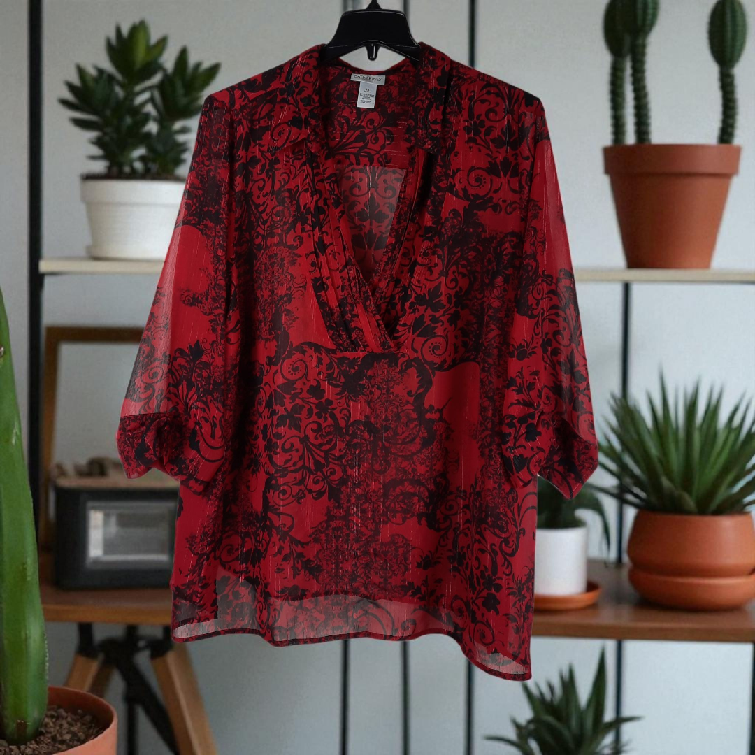 Catherines Women’s Size 2x Red Black Top Deep V-neck Pleated Flowy