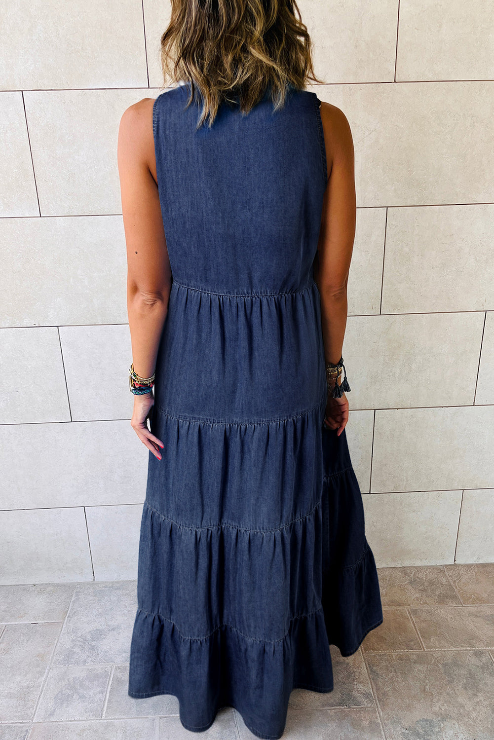 Sleeveless Chambray Cotton Denim Blue Jean Maxi Dress