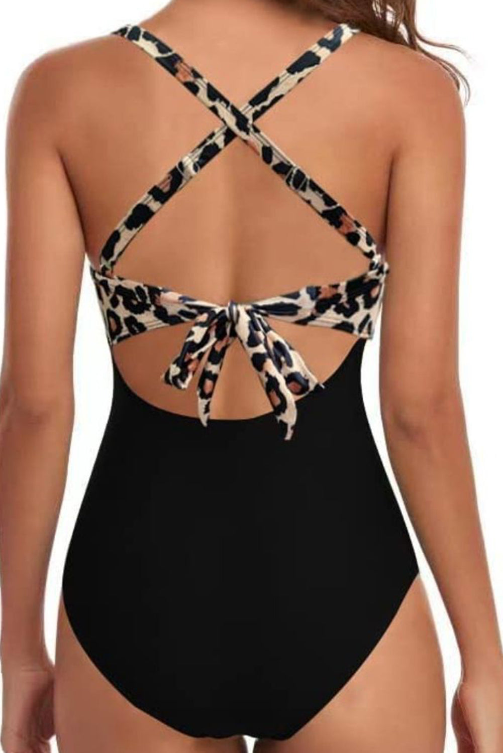One-Piece Black and Leopard Print Swimsuit