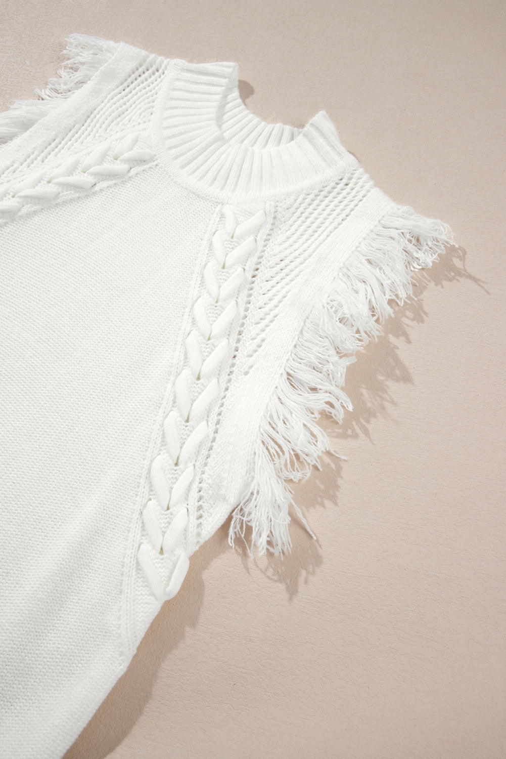 White Fringe Flutter Sleeve Mock Neck Sleeveless Knit Sweater
