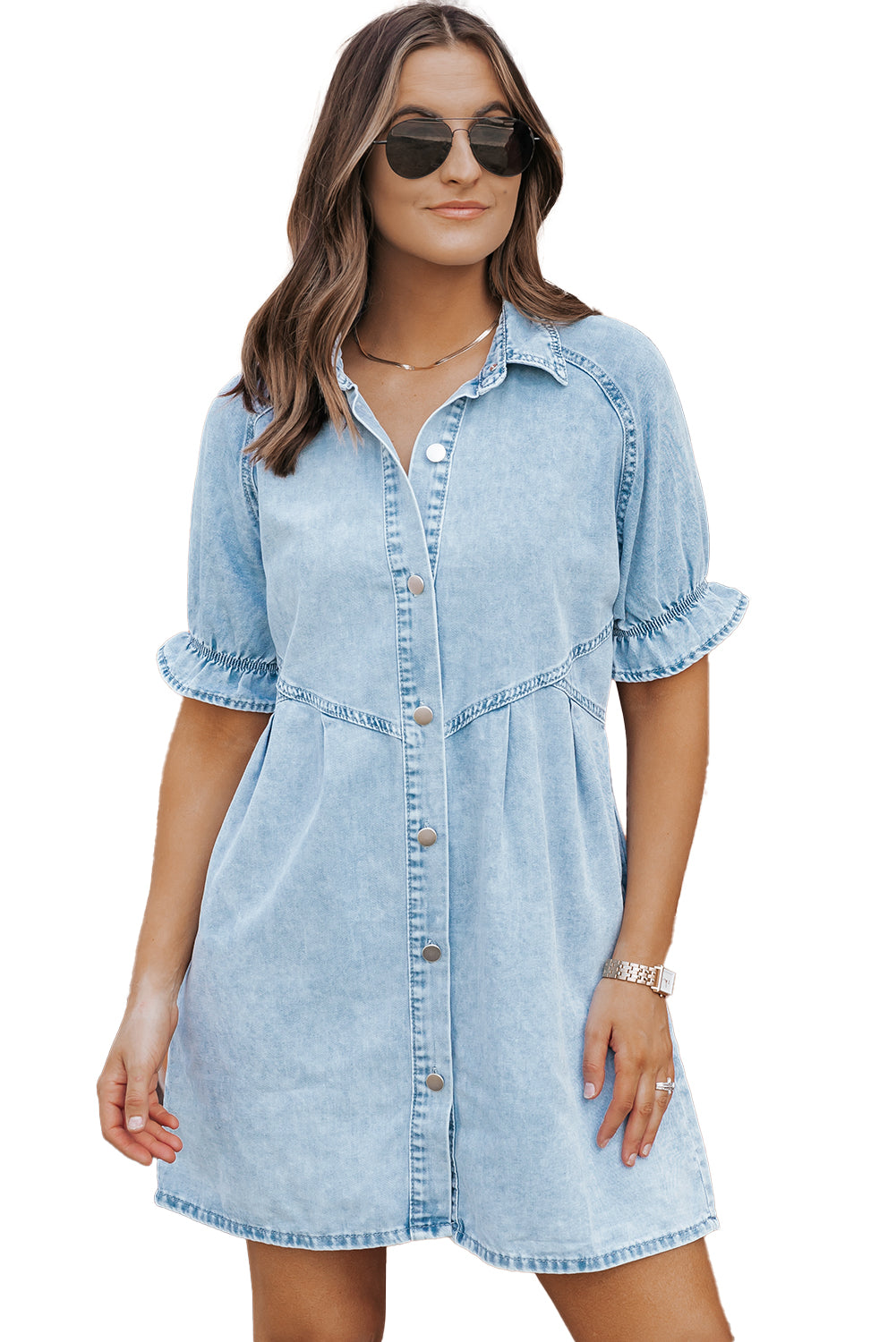 Short Sleeve Button-Down Denim Blue Jean Mini Dress