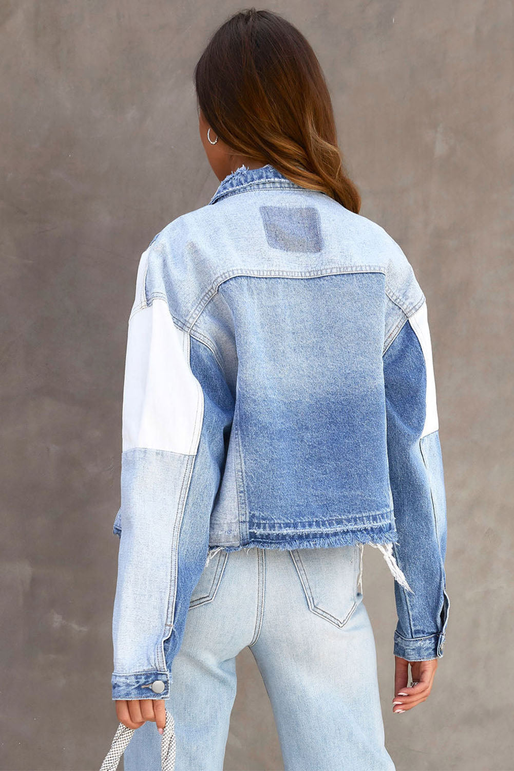 Blue Color Block Denim Patchwork Frayed Hem Jacket