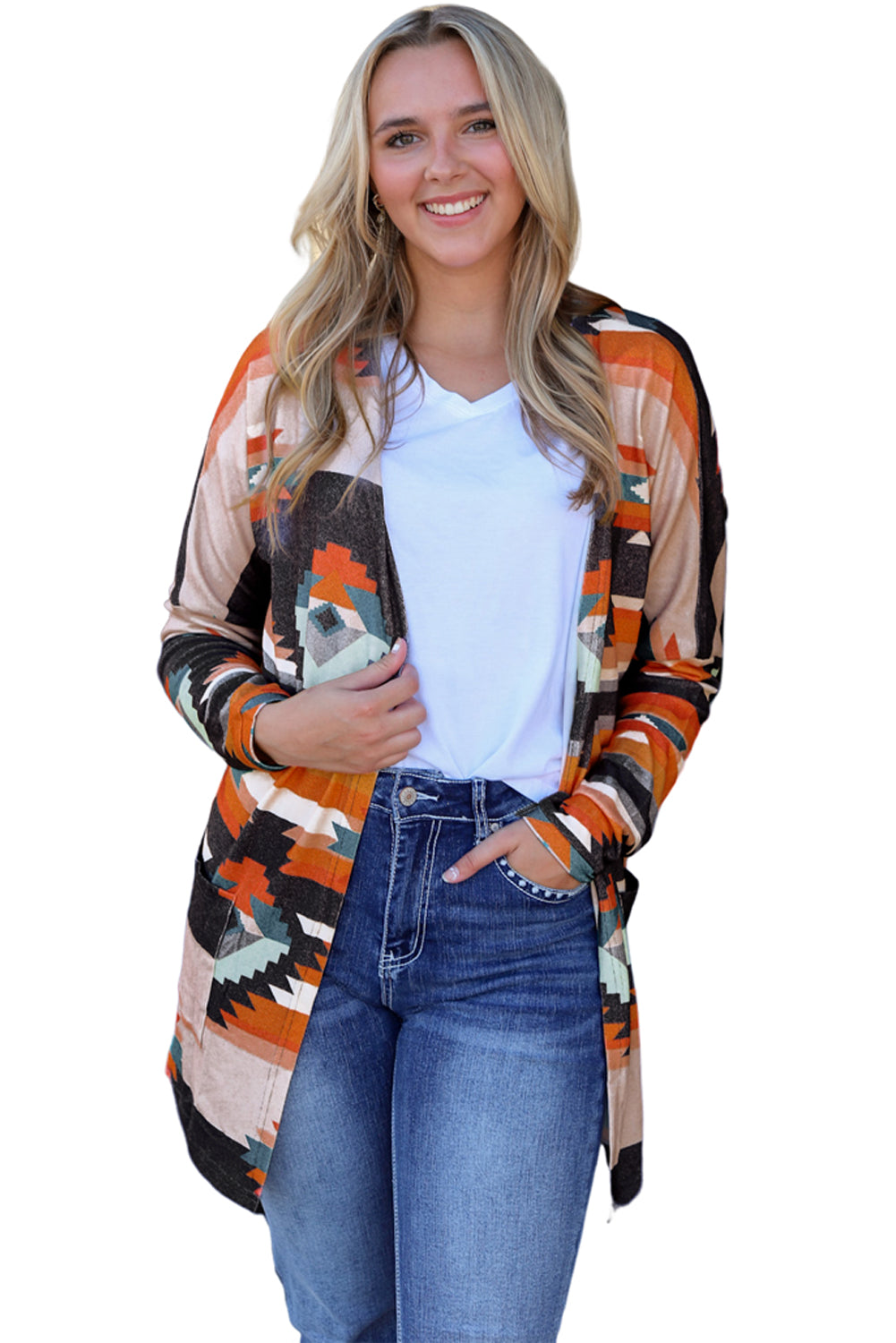 Long Sleeve Southwestern Aztec Print Long Open Front Cardigan Sweater