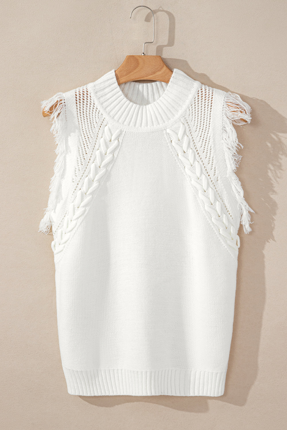 White Fringe Flutter Sleeve Mock Neck Sleeveless Knit Sweater