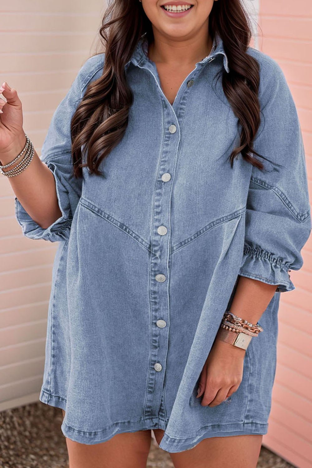 3/4 Sleeve Denim Button-down Plus Size Dress