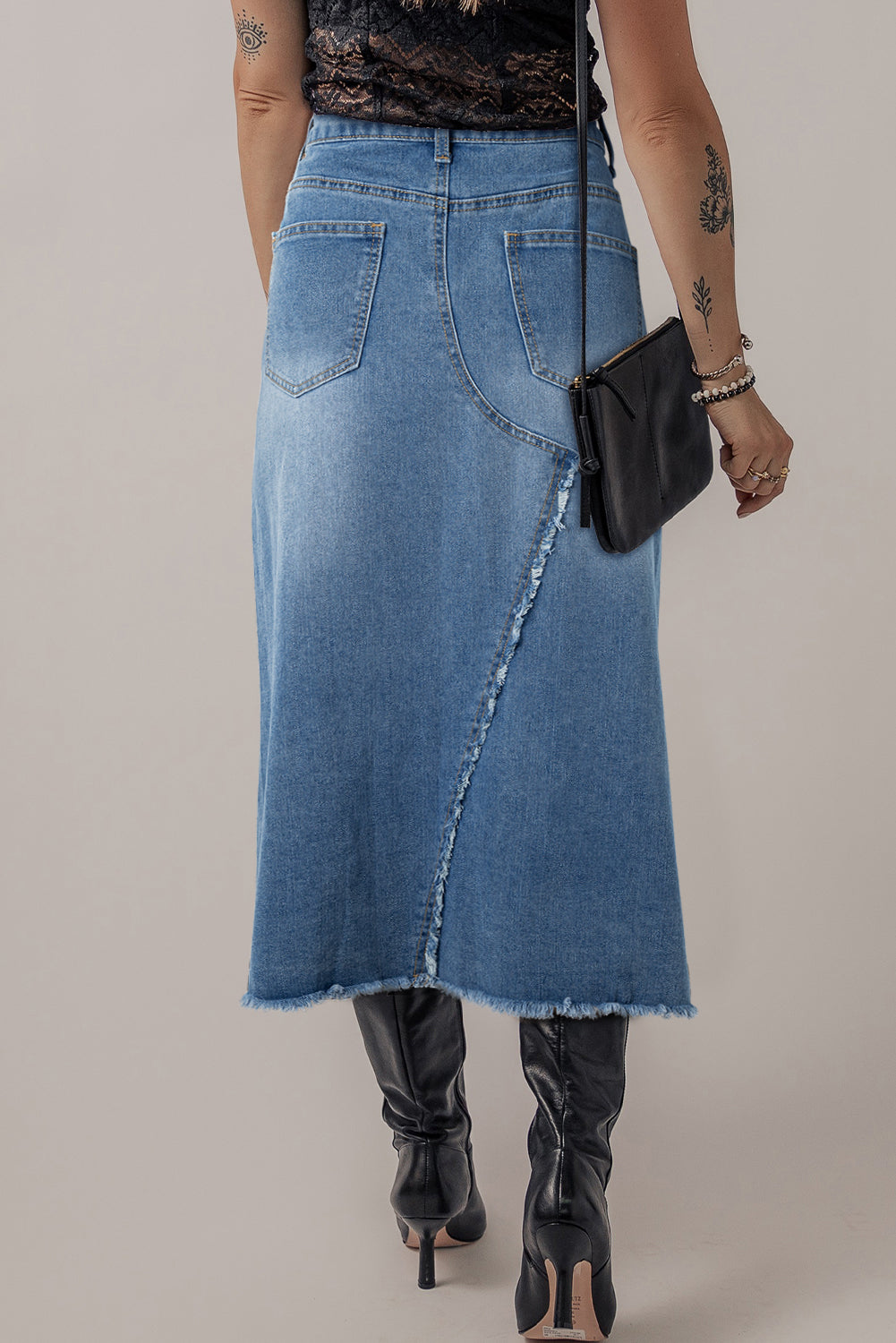 High Rise Denim Blue Jean Midi Skirt