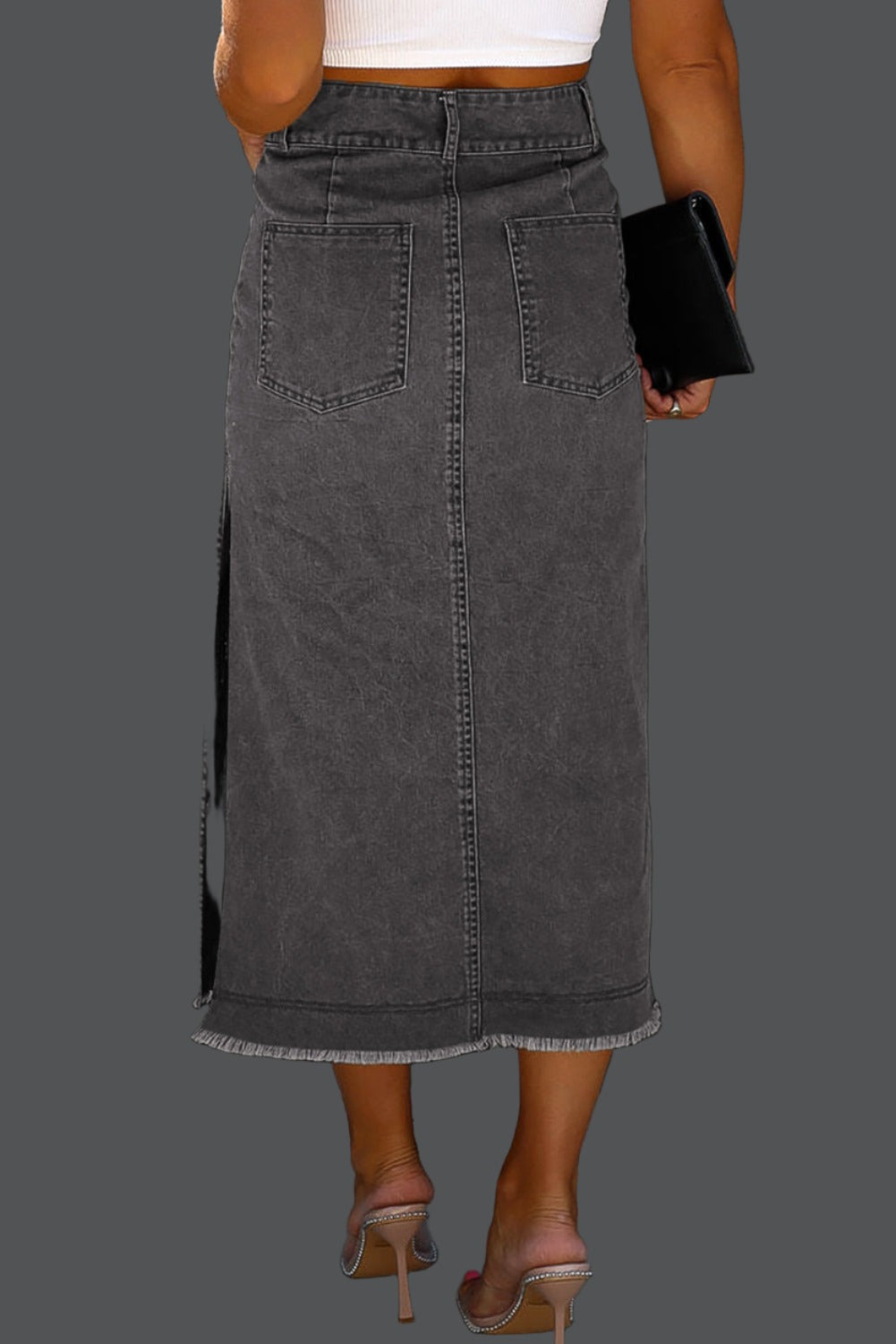 High Rise Black Denim Jean Midi Skirt