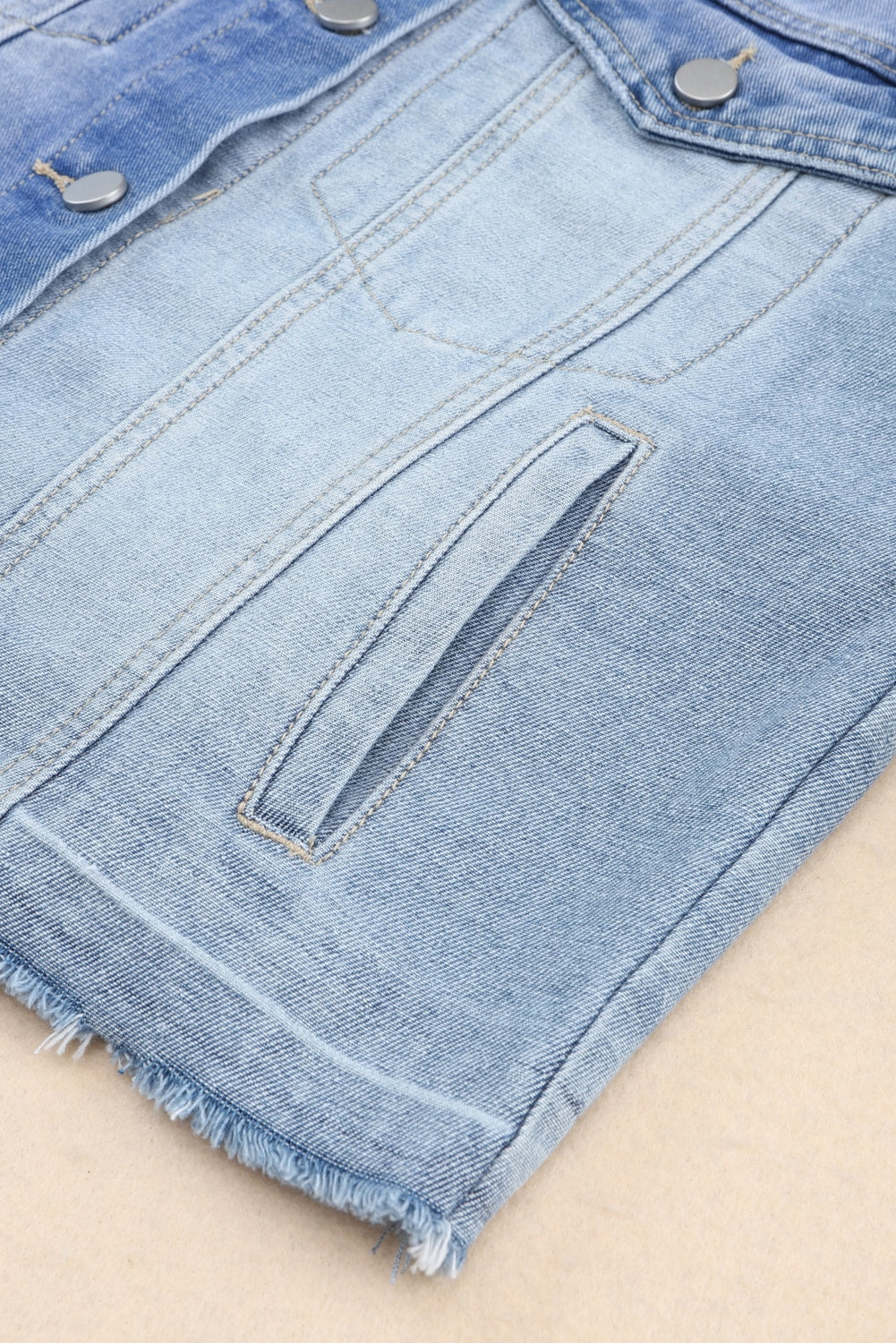 Blue Color Block Denim Patchwork Frayed Hem Jacket