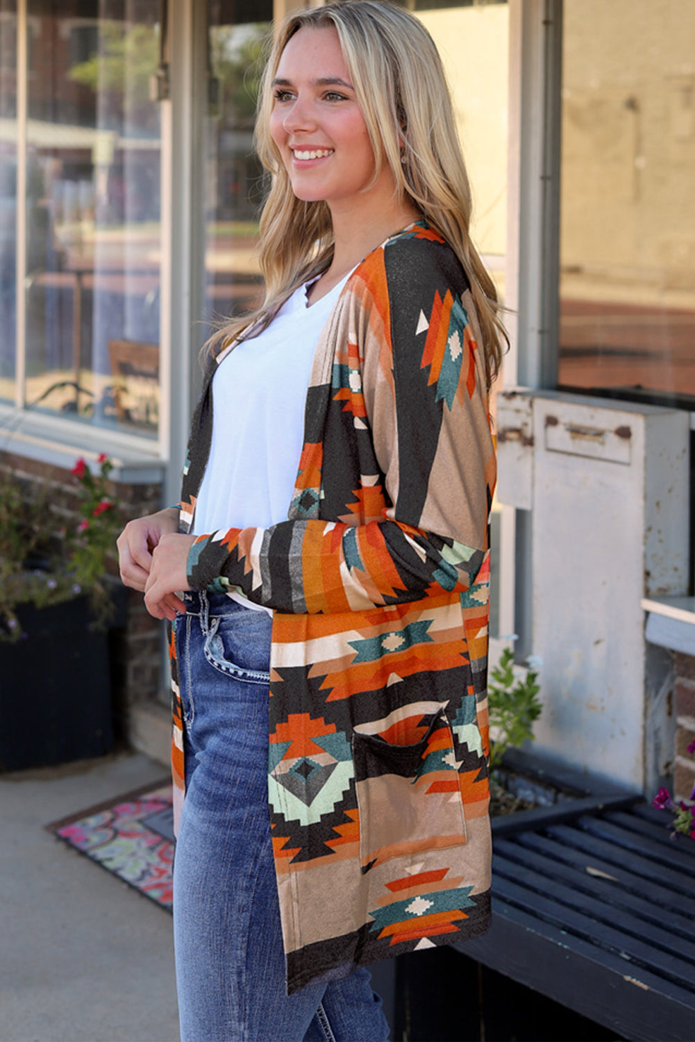 Long Sleeve Southwestern Aztec Print Long Open Front Cardigan Sweater