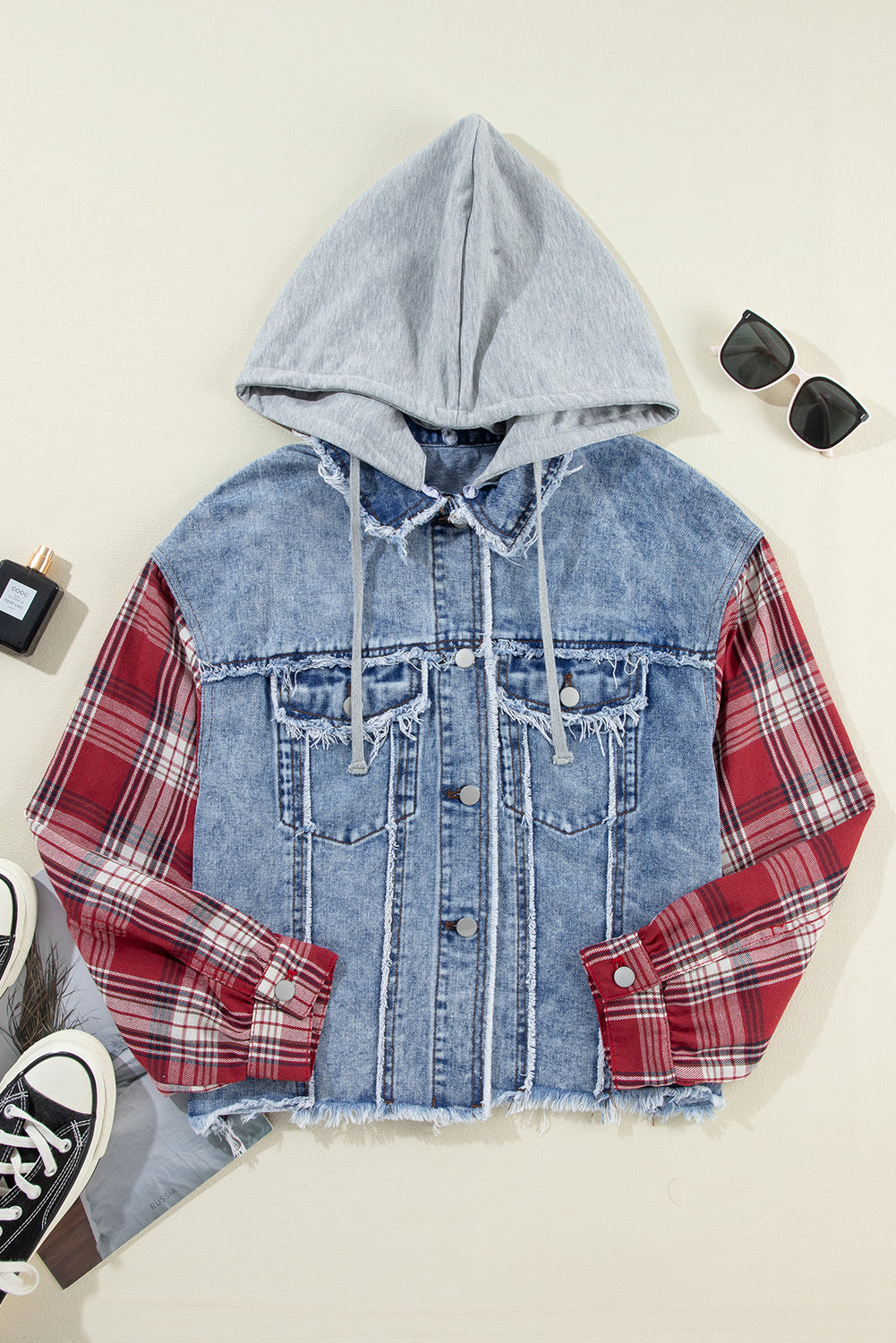 Long Sleeve Denim and Flannel Button-down Jacket