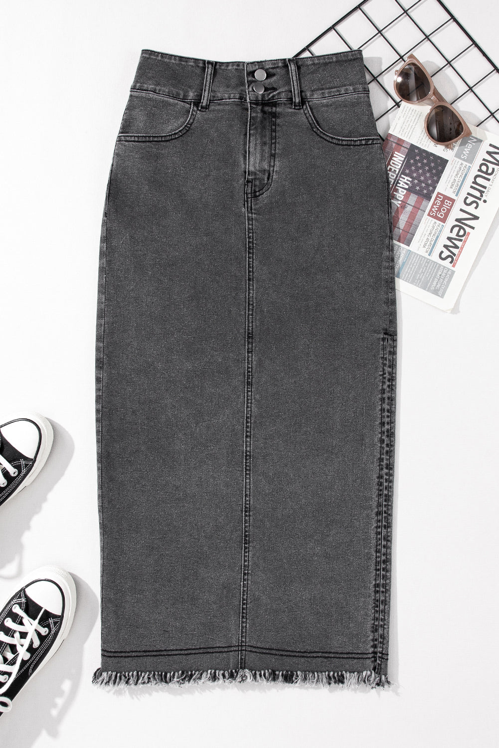 High Rise Black Denim Jean Midi Skirt