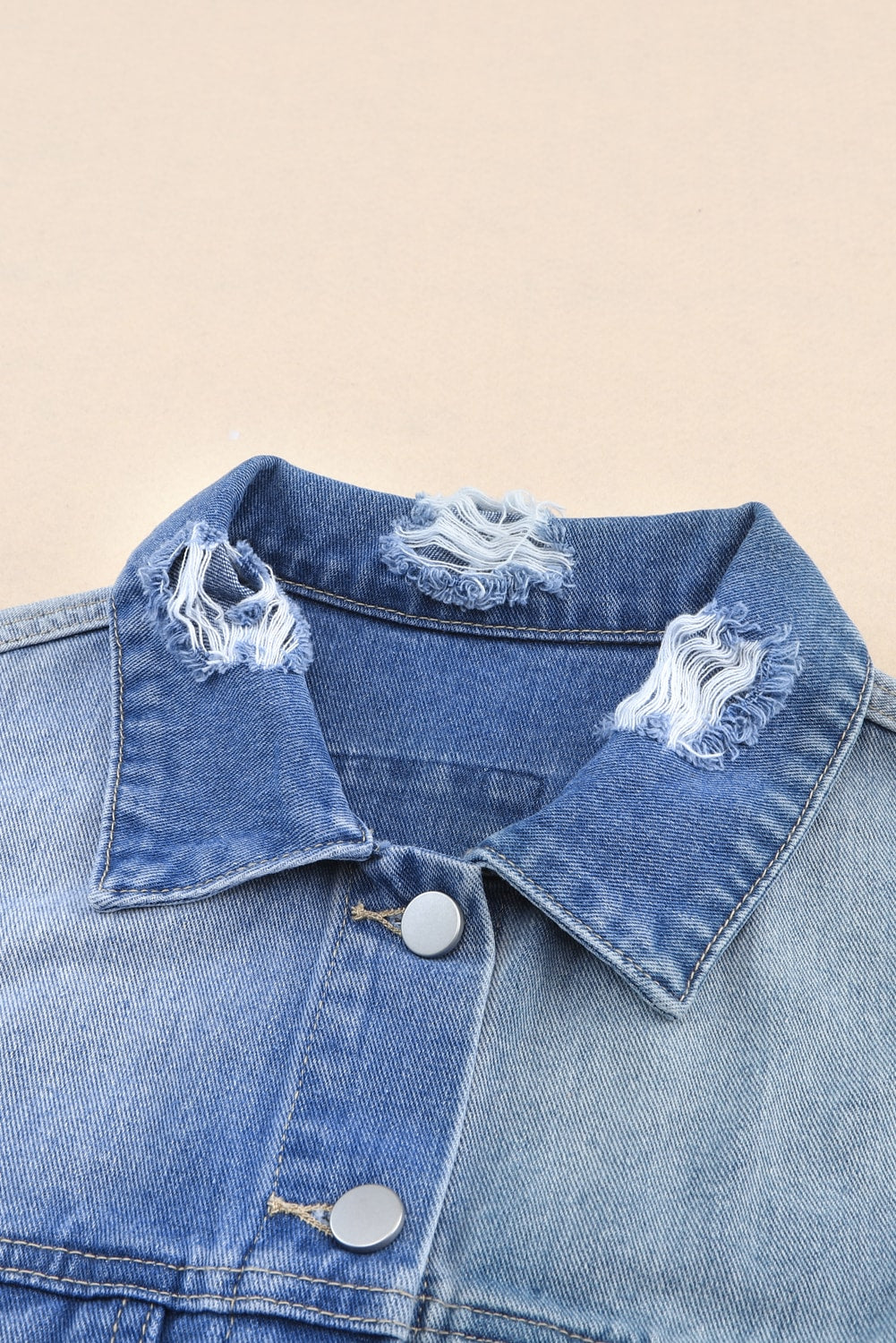 Blue Color Block Denim Patchwork Frayed Hem Jacket