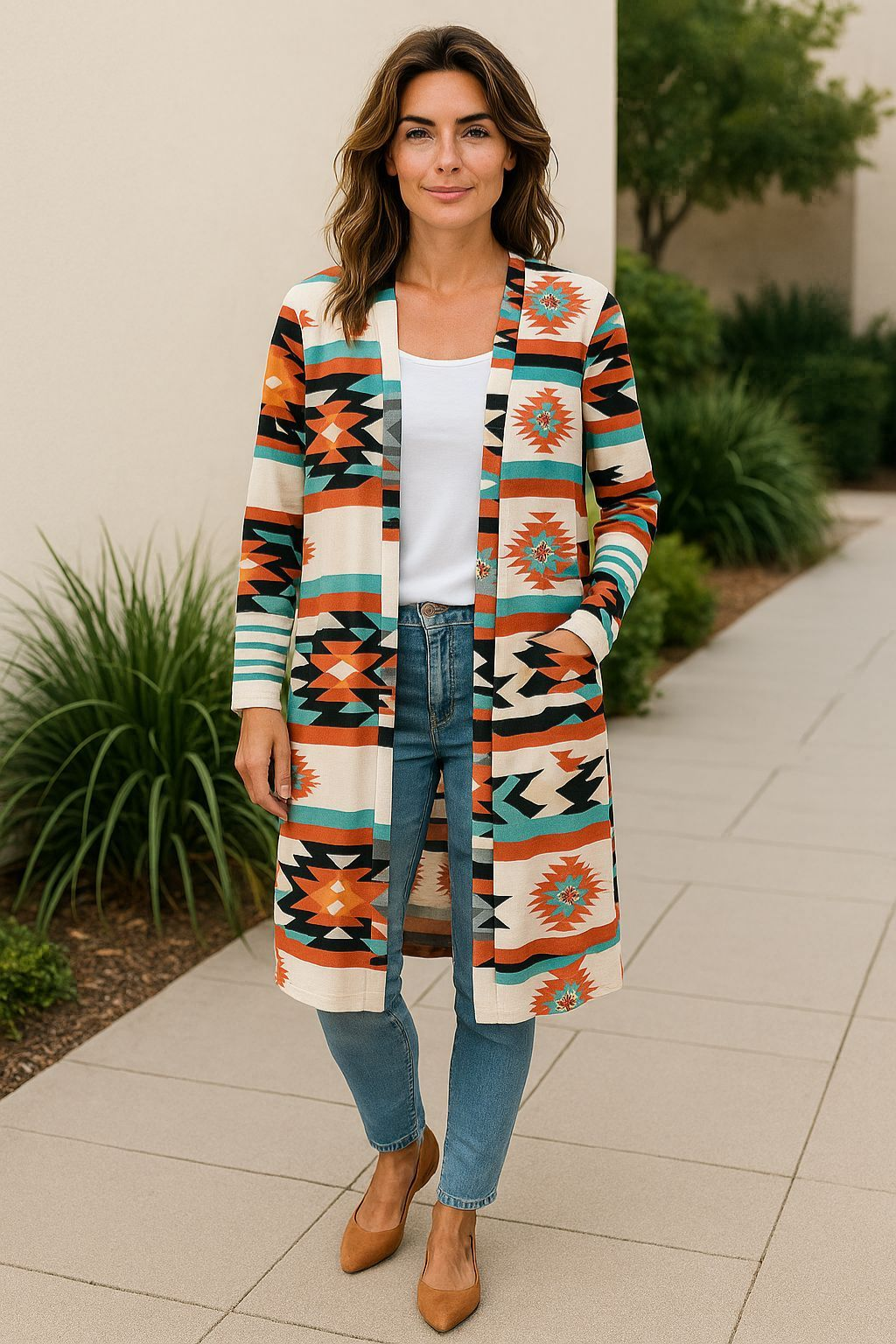 Long Sleeve Open Front Aztec Print Duster/Cardigan