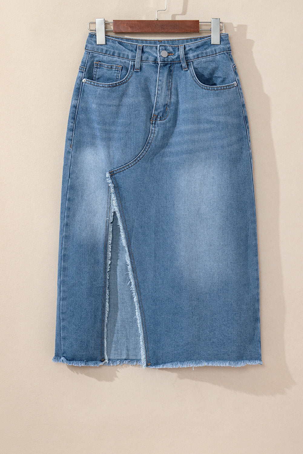 High Rise Denim Blue Jean Midi Skirt