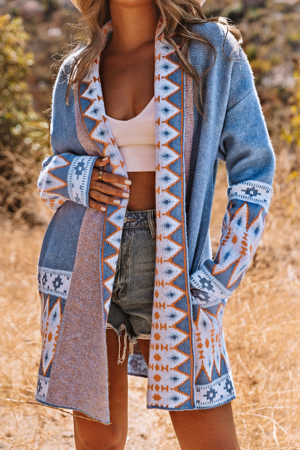 Long Sleeve Southwestern Aztec Print Long Open Front Cardigan Sweater