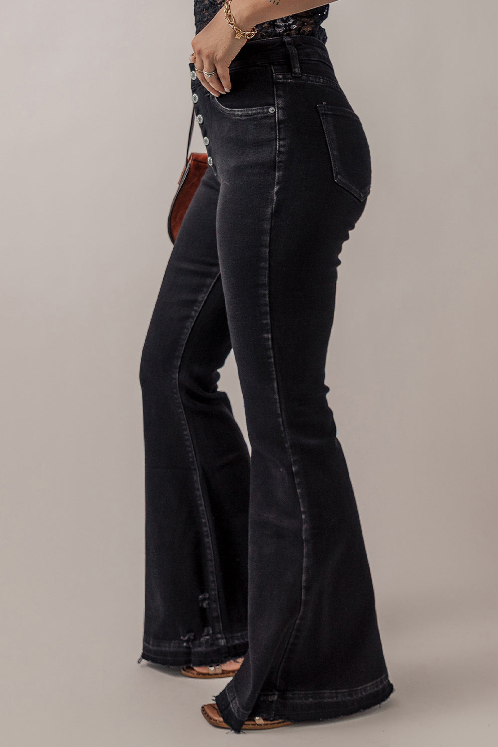 Mid-Rise Button Fly Black Flared Jeans
