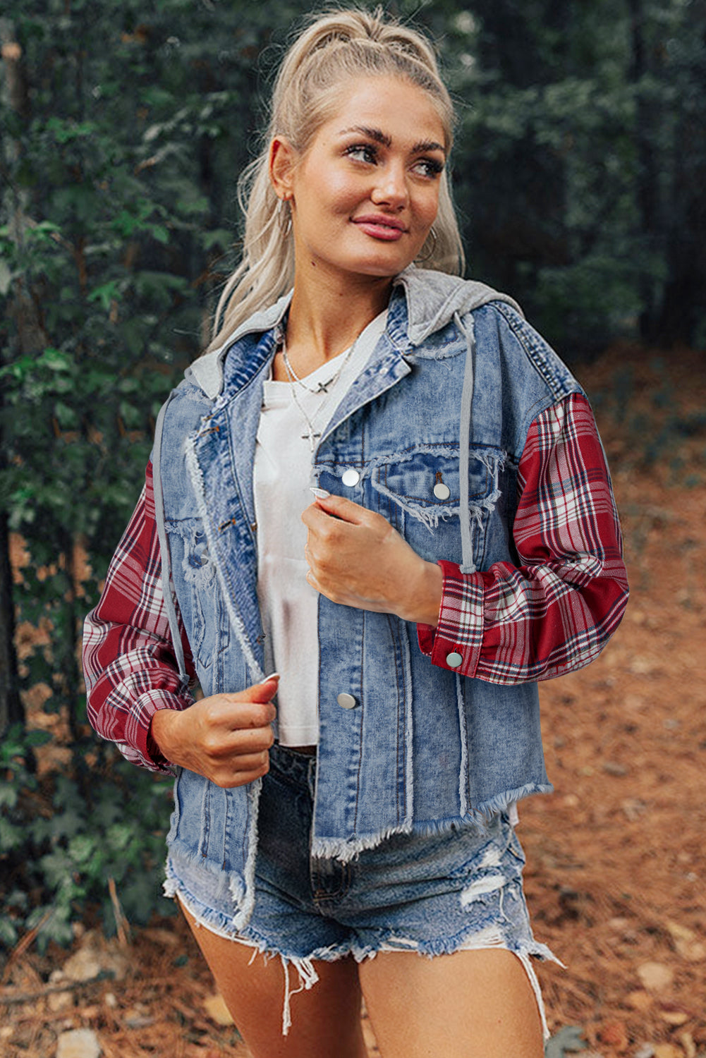 Long Sleeve Denim and Flannel Button-down Jacket