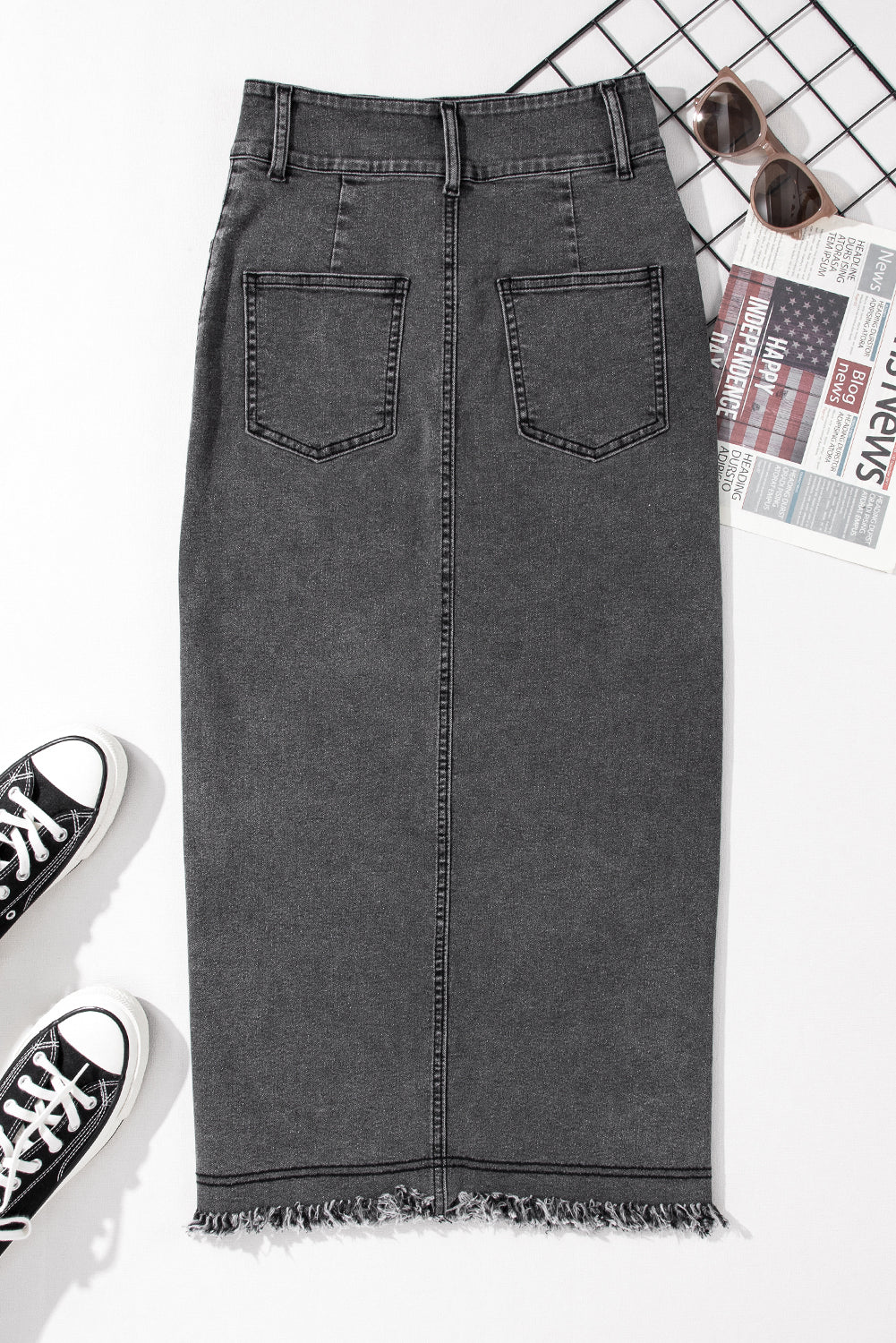 High Rise Black Denim Jean Midi Skirt