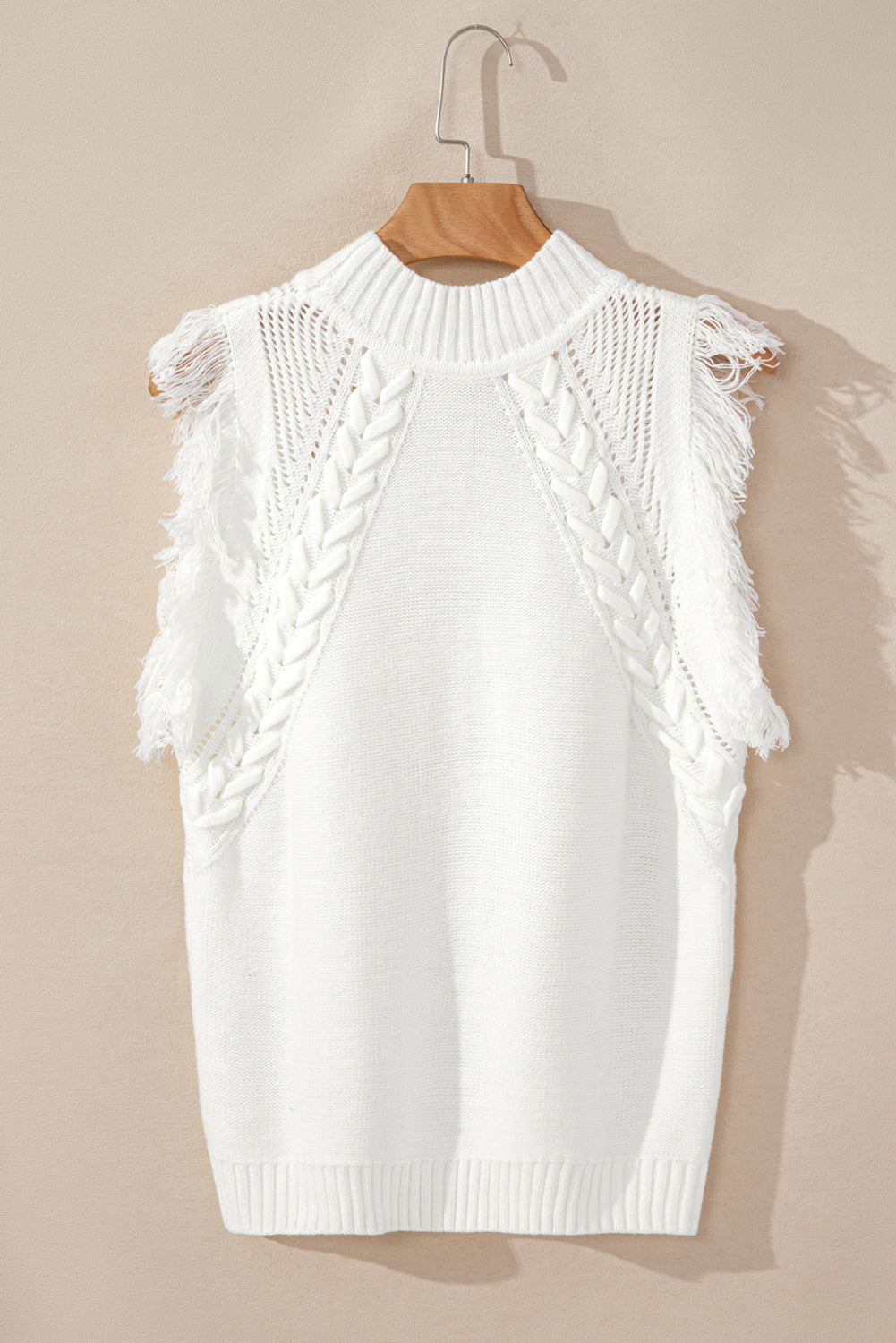 White Fringe Flutter Sleeve Mock Neck Sleeveless Knit Sweater