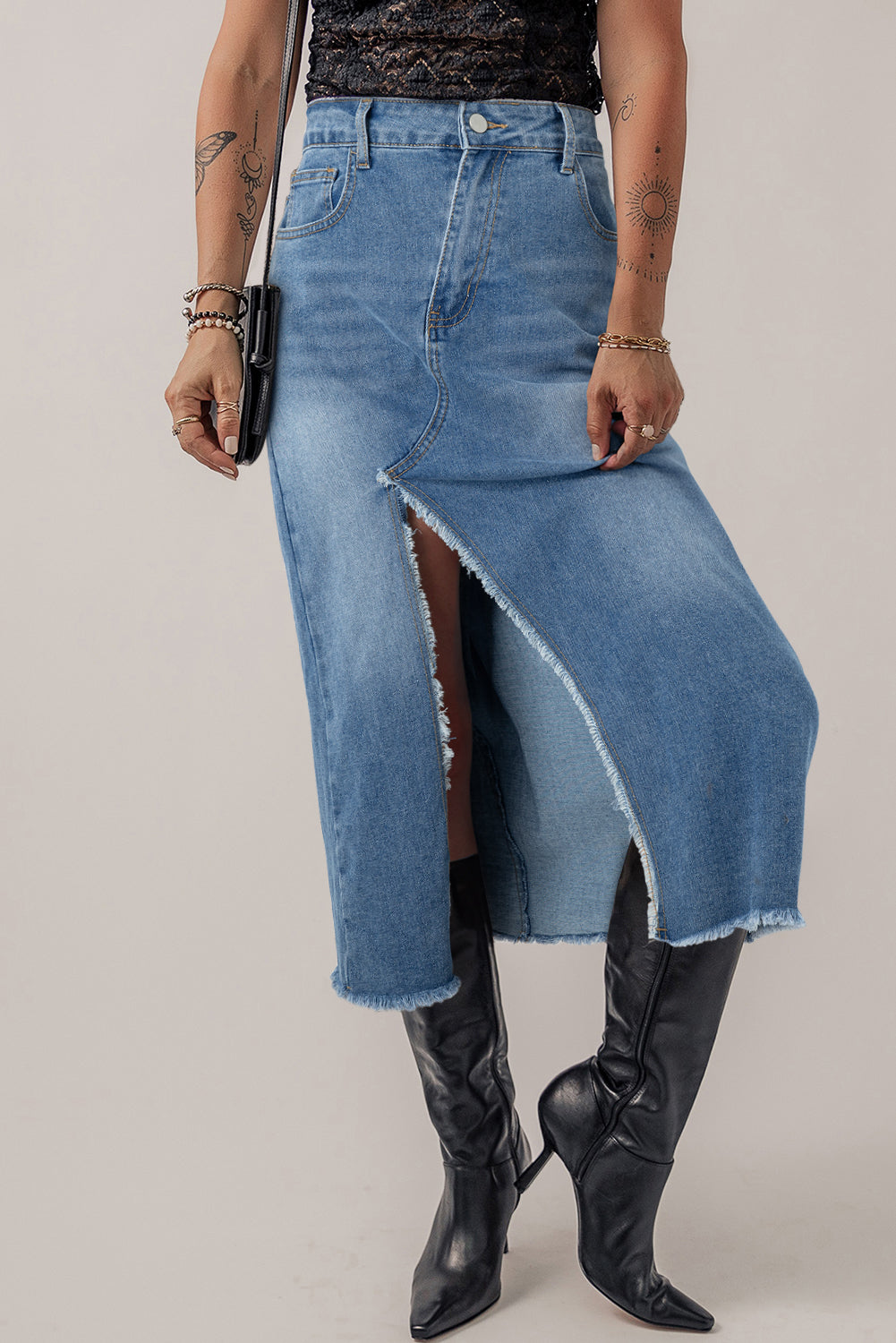 High Rise Denim Blue Jean Midi Skirt