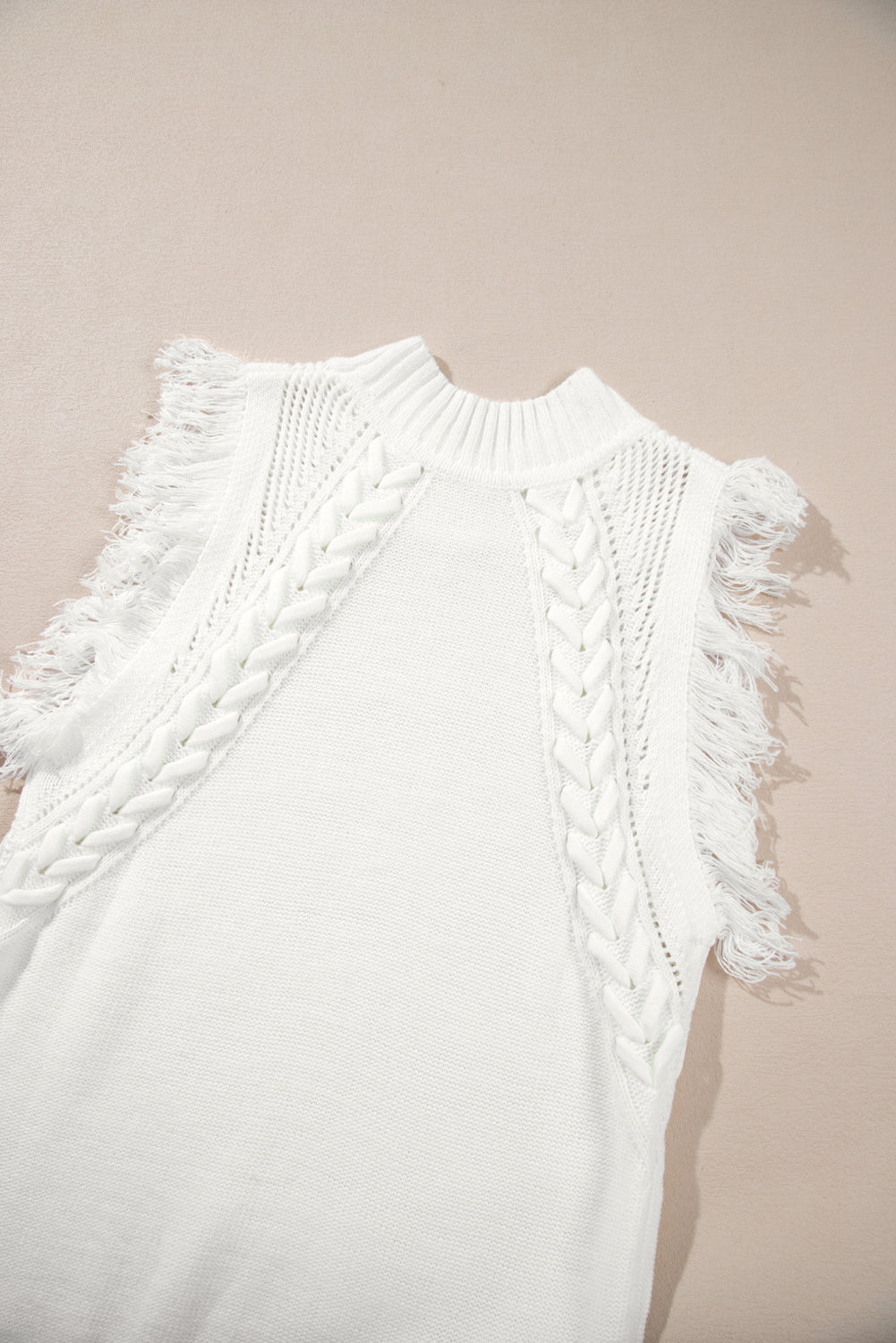 White Fringe Flutter Sleeve Mock Neck Sleeveless Knit Sweater