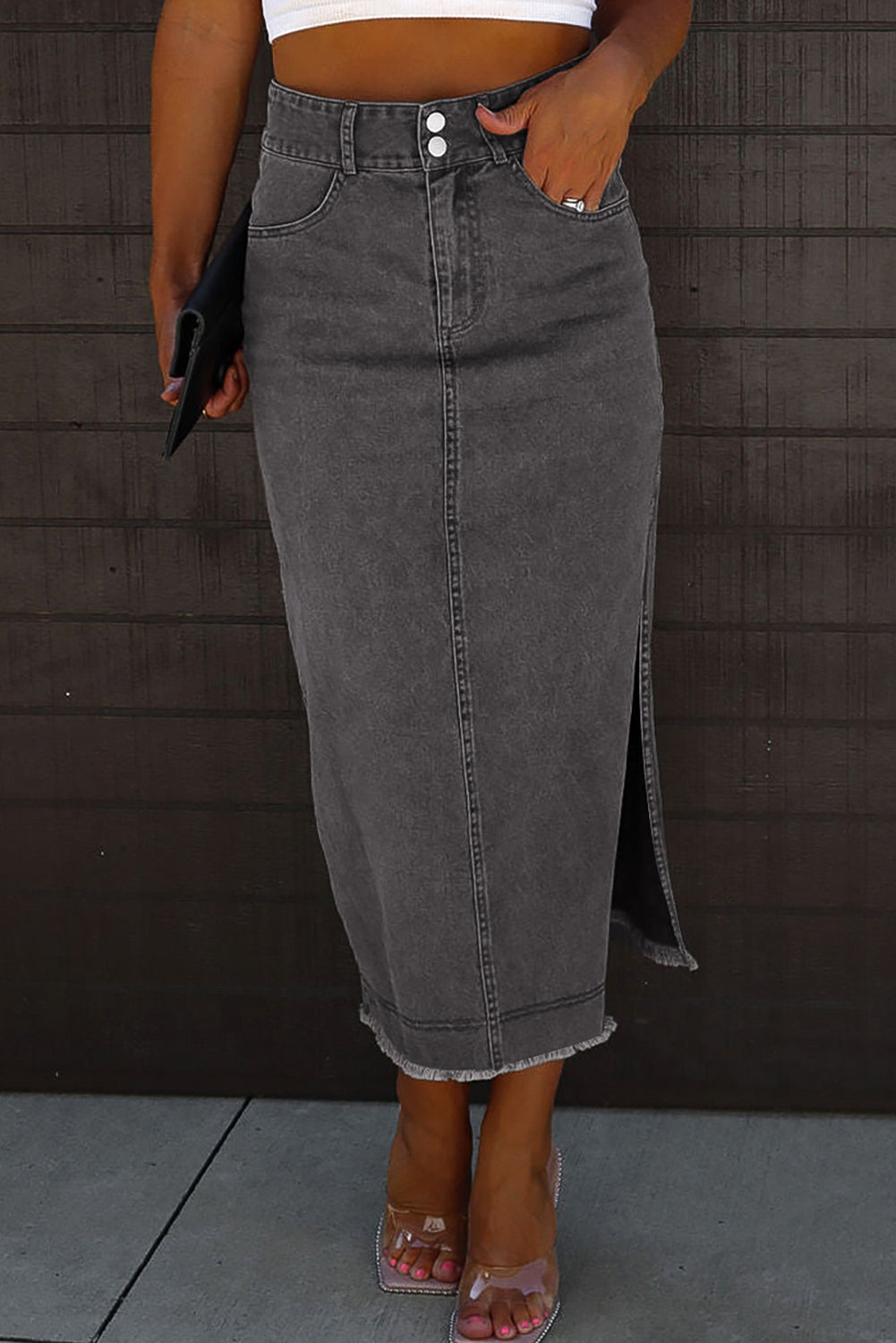 High Rise Black Denim Jean Midi Skirt