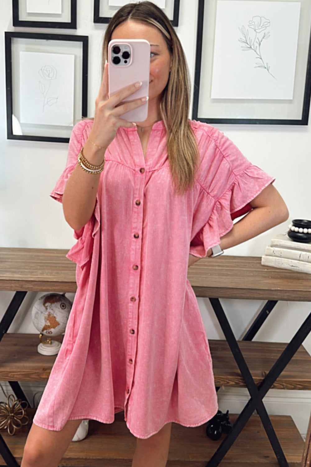 Short Sleeve Button-down Flutter Sleeve Pink Chambray Denim Mini Dress