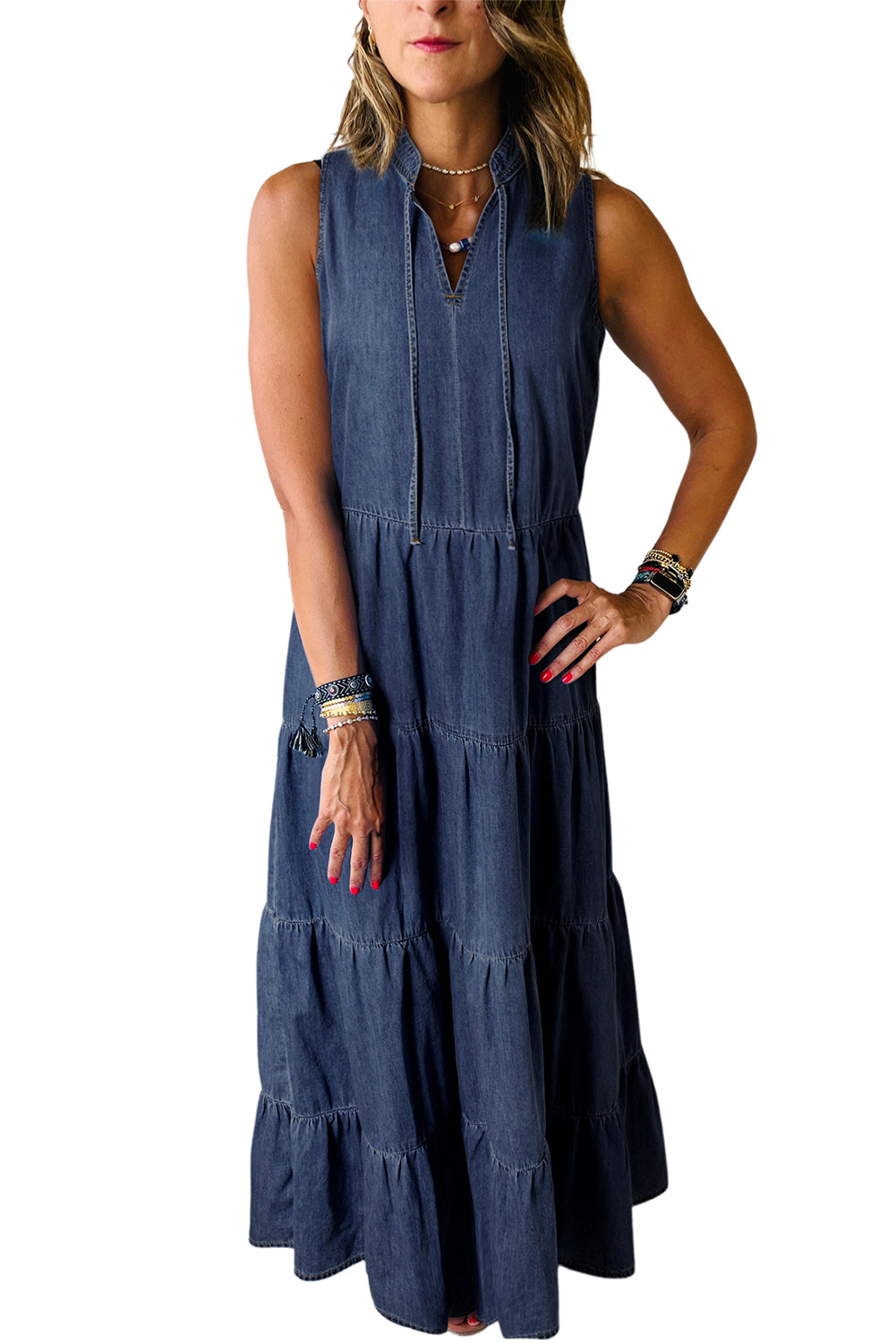 Sleeveless Chambray Cotton Denim Blue Jean Maxi Dress