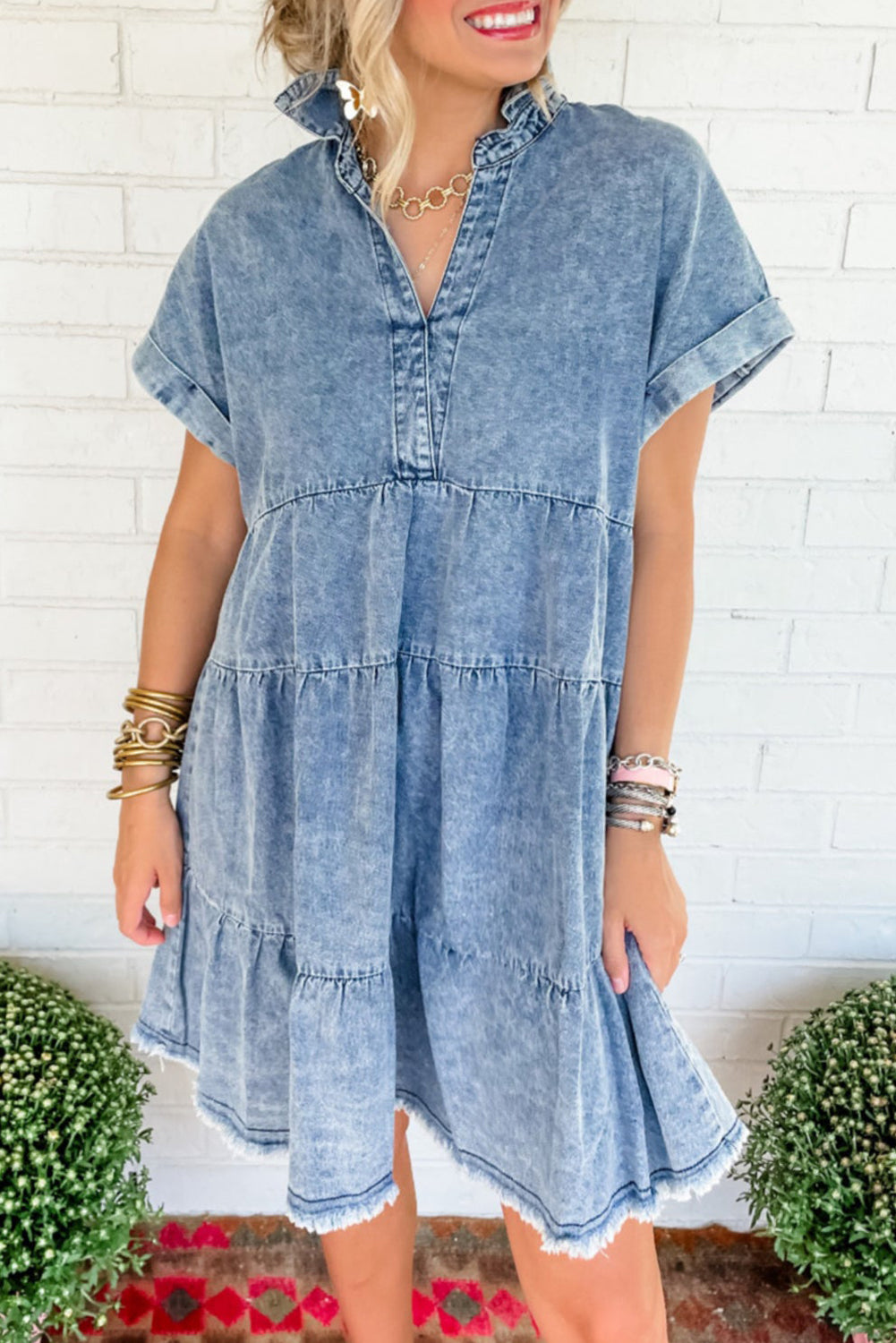 Cap Sleeve V-Neck Tiered Cotton Mini Dress