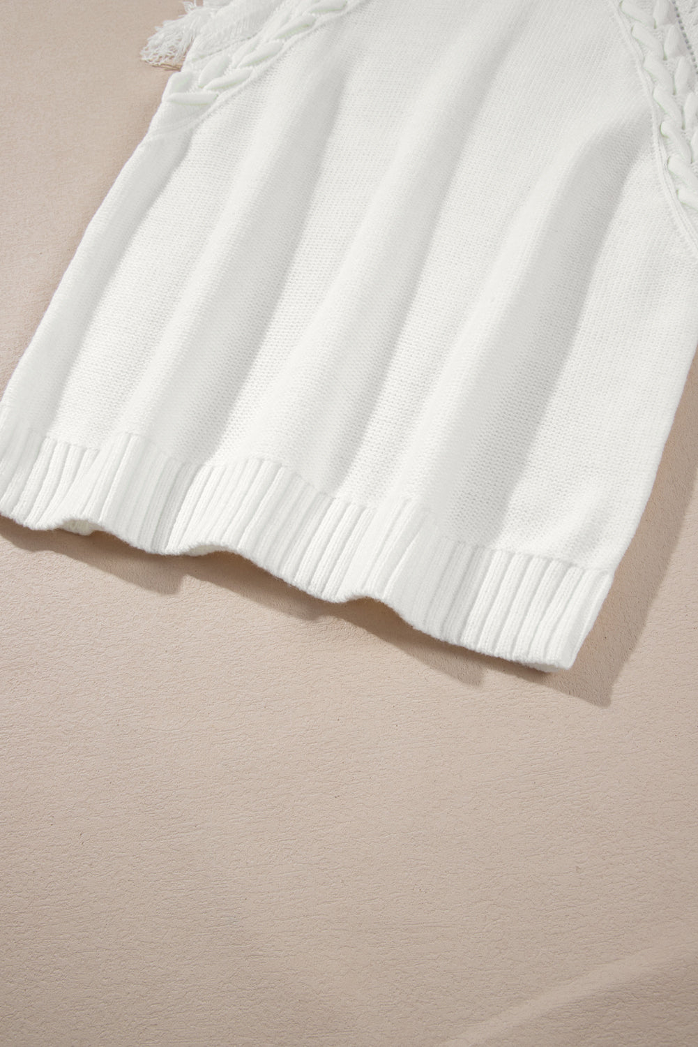 White Fringe Flutter Sleeve Mock Neck Sleeveless Knit Sweater