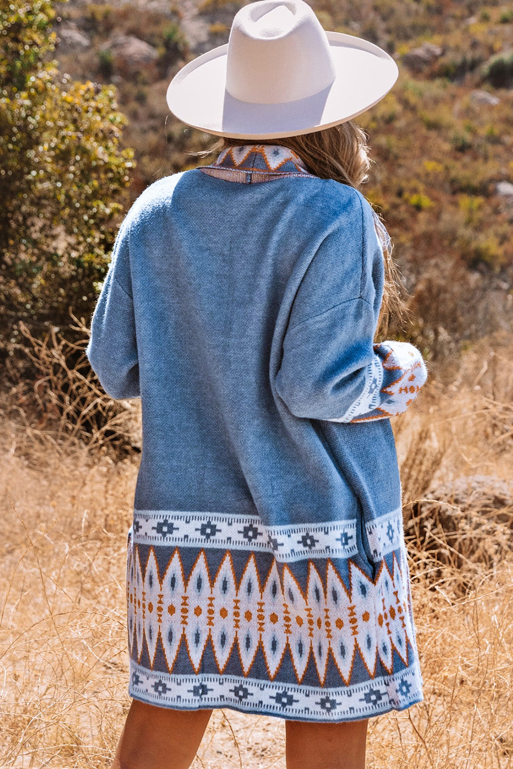 Long Sleeve Southwestern Aztec Print Long Open Front Cardigan Sweater