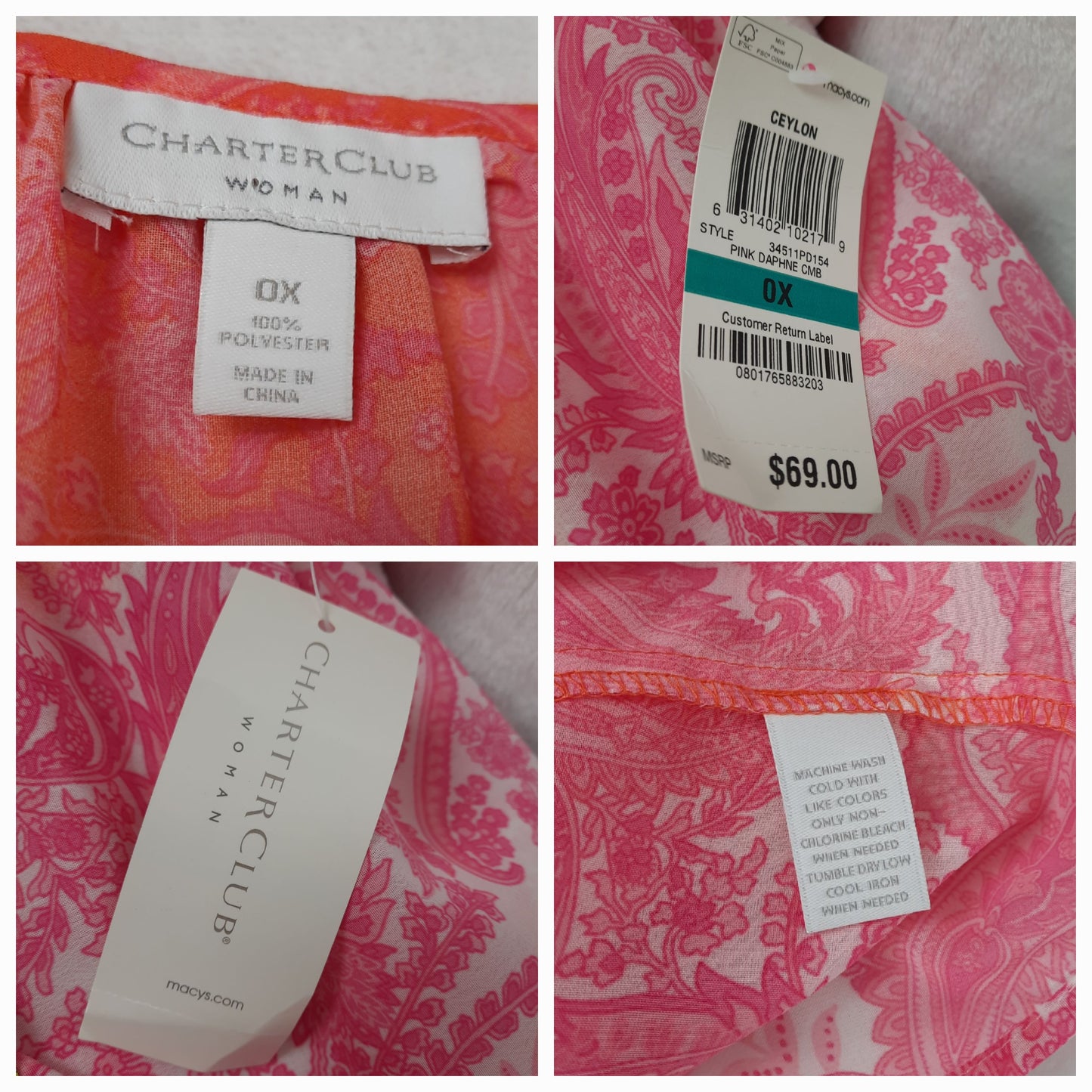 Charter Club Orange And Pink Paisley Print Top