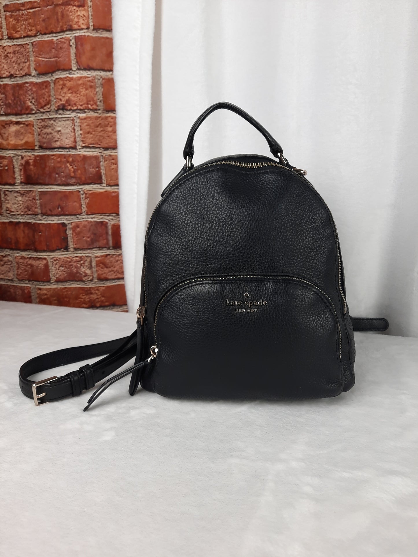 Kate Spade New York Black Mini Backpack Pebbled Leather Zipper Closure