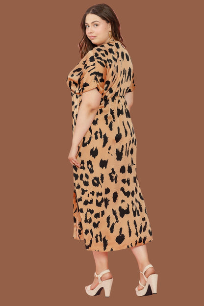 Short Sleeve V-neck Leopard Print Midi Dress