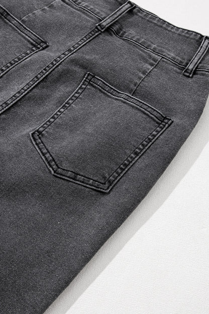 High Rise Black Denim Jean Midi Skirt