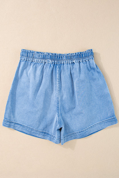 High Rise Drawstring Waist Chambray Denim Blue Jean Shorts