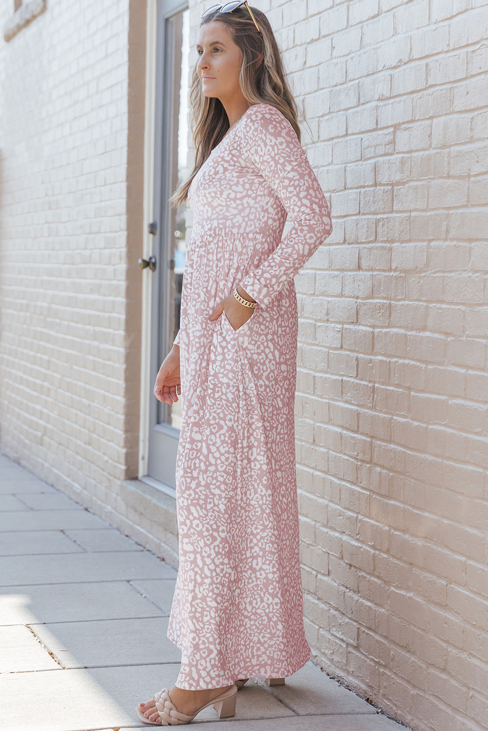 Long Sleeve Leopard Print Pink Maxi Dress