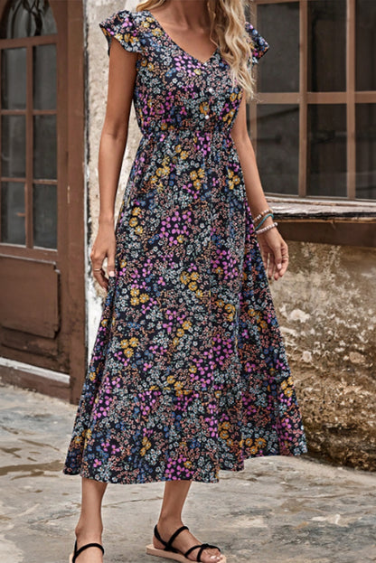 Flutter Sleeve Floral Print V-neck Maxi Skirt Dress