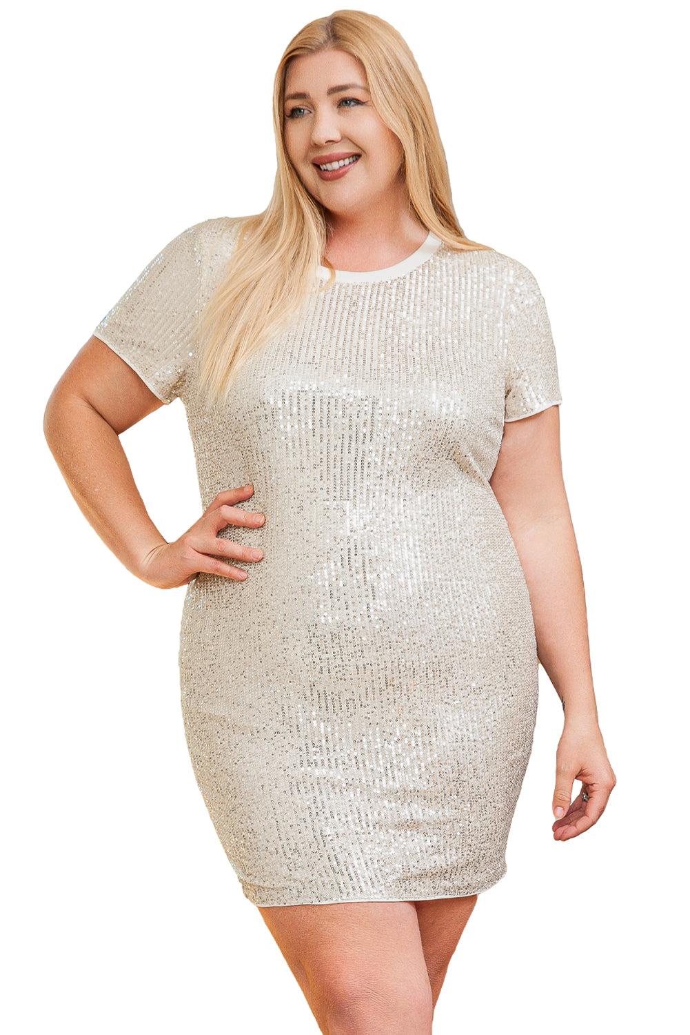 Short Sleeve Sequin Light Pink Plus Size Mini Dress